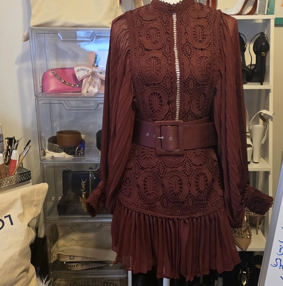 Dresses & Skirts - Wine Burgundy Lace & Pleated Long-Sleeve Mini Dress